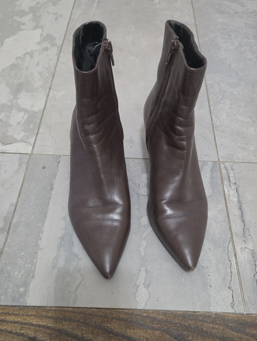 Mango Pointed Toe Ankle Booties in Dark Brown Leather
